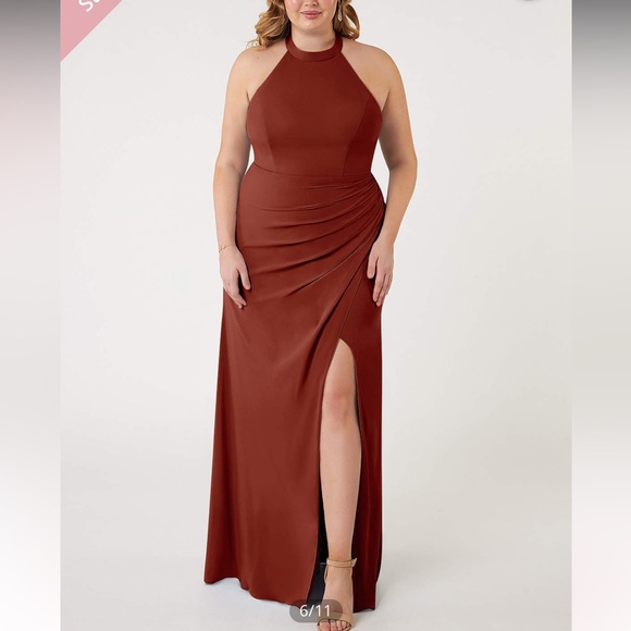 Azazie Galicia Mermaid High Neck Pleated Stretch Chiffon Leg Slit Dress NWT 10 - Picture 2 of 16